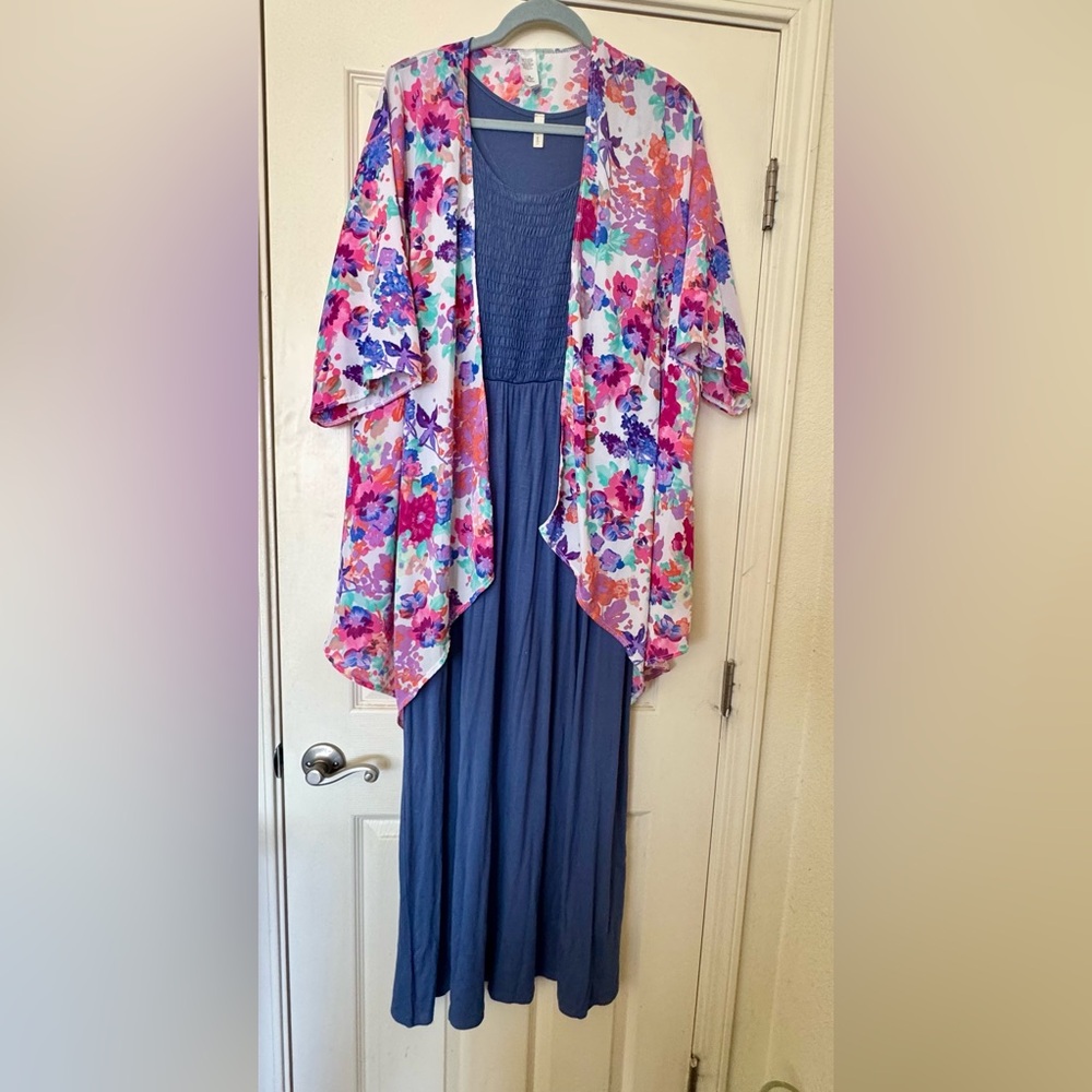 Colorful Floral Kimono with Periwinkle Blue Maxi Dress